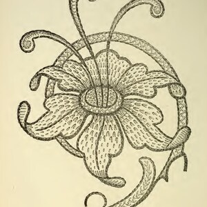 Op de afbeelding: Een zwart-witte lijntekening van een bloem met een cirkelvormig midden en drie bloemblaadjes. De bloem wordt omringd door een cirkel van kleinere cirkels. De afbeelding is gelabeld met "394.-DETAIL VAN 391."