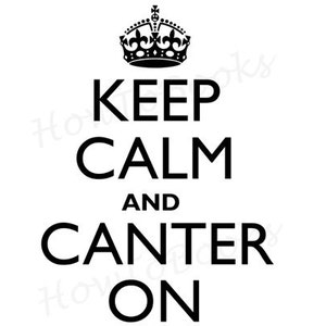 May include: Black and white print with a crown and the text "Keep Calm and Canter On".