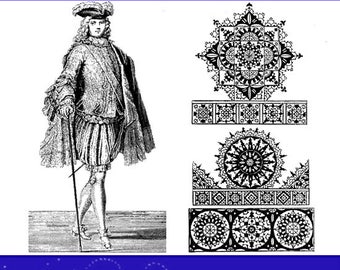 May include: A black and white illustration of a man in a 17th-century outfit, holding a cane. The image also features three black and white lace designs. The text "Dentelles et Guipures Anciennes et Modernes" is at the top of the image, and the text "By Auguste Lefebure" is at the bottom.