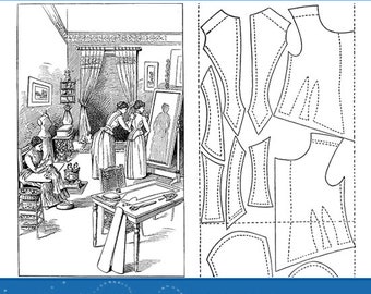 May include: A black and white illustration of a vintage dressmaking guide with a drawing of women working on a dress and a pattern for a dress. The title of the book is "A Complete Guide to Dressmaking" and the subtitle is "100 Engravings". The book is by Annie E. Myers.