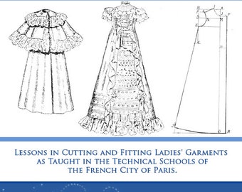 May include: A vintage book cover with a blue background and white text that reads "The Art of Dressmaking: Lessons in Cutting and Fitting Ladies' Garments as Taught in the Technical Schools of the French City of Paris. By Madame Marie Boudet". The cover features three black and white illustrations of dresses and a dress pattern.