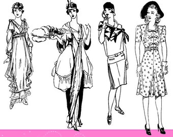Può includere: Illustrazione in bianco e nero di quattro donne che indossano diversi stili di abbigliamento degli anni '20. Il titolo del libro "How to Make Fashion Clothes" è in cima all'immagine. Il libro è illustrato da Frances H. Consalus.