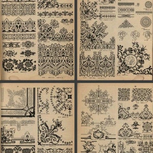 May include: A page from a vintage book featuring black and white illustrations of intricate floral and geometric designs. The designs are arranged in rows and columns, and each design is labeled with a number.