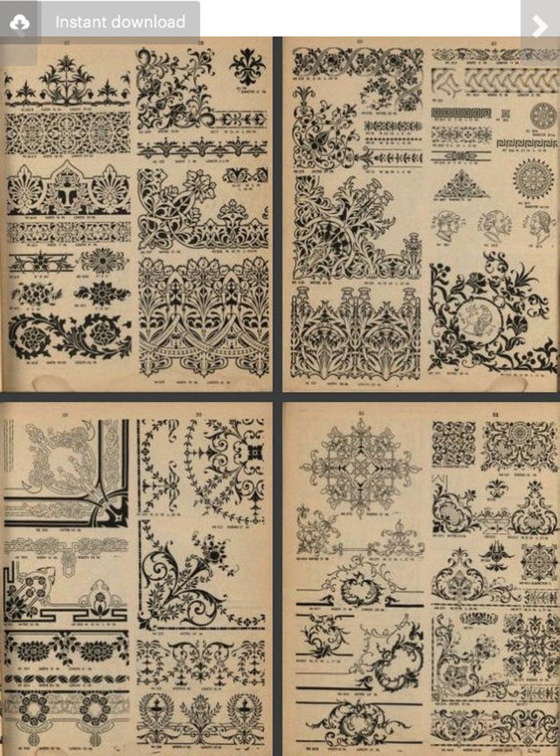 May include: A page from a vintage book featuring black and white illustrations of intricate floral and geometric designs. The designs are arranged in rows and columns, and each design is labeled with a number.