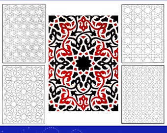May include: A book cover with the title "200 Arabic Geometric Patterns" in red and blue text. The cover features four black and white geometric patterns and one colorful geometric pattern with red, black, and white colors. The book is labeled "Ready to Print" and "By Jules Bourgoin".