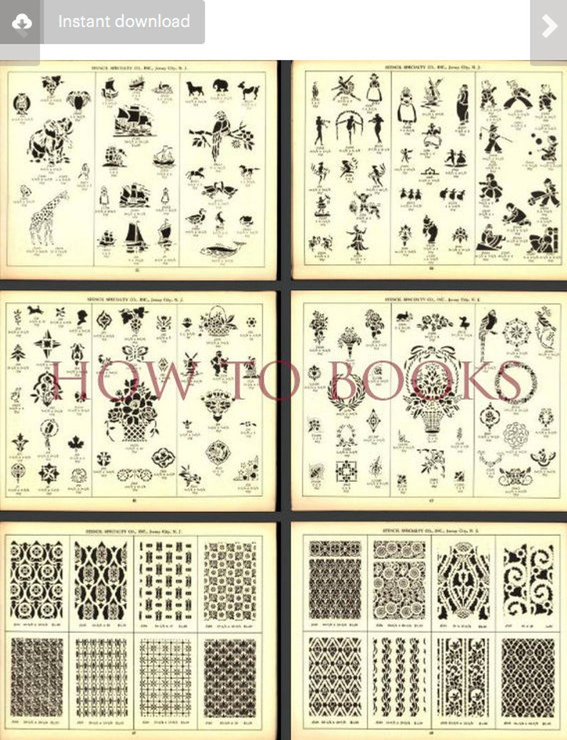 May include: A black and white image of a stencil book with various designs. The designs include animals, flowers, and geometric patterns. The book is titled "Stencil Specialty Co., Inc. Jersey City, N.J."