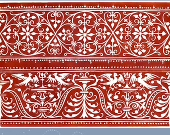 Pode incluir: Capa de livro com o título "French Lace & Ornament Designs" em texto branco sobre fundo azul. A capa apresenta um design vermelho e branco com padrões intrincados e um símbolo de reciclagem verde. O livro contém 110 desenhos de Emmanuel Bocher.