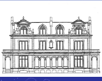 May include: Black and white line drawing of a large, ornate house with multiple windows and a balcony. The title "ORNAMENTAL DRAWING AND ARCHITECTURAL DESIGN" is at the top of the image. The text "BY ROBERT SCOTT BURN" is at the bottom of the image.