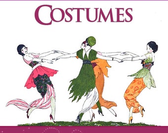 May include: A book cover with an illustration of three women in Art Deco style dresses dancing. The book title is "How To Design and Illustrate Art Deco Costumes" by Ethel Traphagen.
