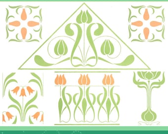 May include: A guide to brush drawing with Art Nouveau design elements, featuring illustrations of stylized flowers, leaves, and geometric patterns in green and orange.