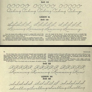 May include: A vintage handwriting workbook with instructions for practicing cursive letters. The book includes drills for the letters O, L, R, and S. The text includes the words "Oiling", "Lanning", "Running", and "Swelling".