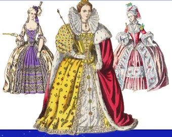 Può includere: Una copertina di libro con il titolo "200 Costumi Femminili Storici" e il sottotitolo "Nazionale-Storico-Drammatico" di Thomas Hailes Lacy, Esq. La copertina presenta tre donne in costumi storici, una con un abito giallo e rosso, una con un abito viola e una con un abito rosa.