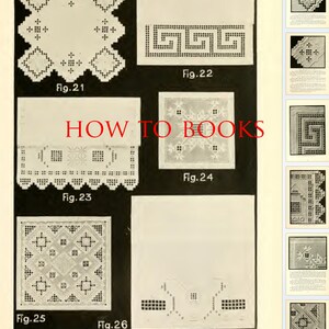 Pu&ograve; includere: Un'immagine in bianco e nero di sei diversi disegni di ricamo. I disegni sono etichettati con i numeri da 21 a 26. Il testo "HOW TO BOOKS" &egrave; stampato in lettere rosse al centro dell'immagine.