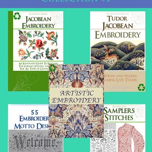 Puede incluir: Una colección de cinco libros de bordado con portadas coloridas que presentan diseños florales, un ciervo y un muestrario con puntadas. Los títulos incluyen "Bordado Jacobeo", "Bordado Tudor Jacobeo", "Bordado Artístico", "55 Diseños de Lema de Bordado" y "Muestras y Puntadas Ilustradas".
