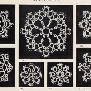 May include: A collection of eight white lace snowflake designs on a black background. The designs are numbered 15, 16, 17, 18, 19, 20, and 21.