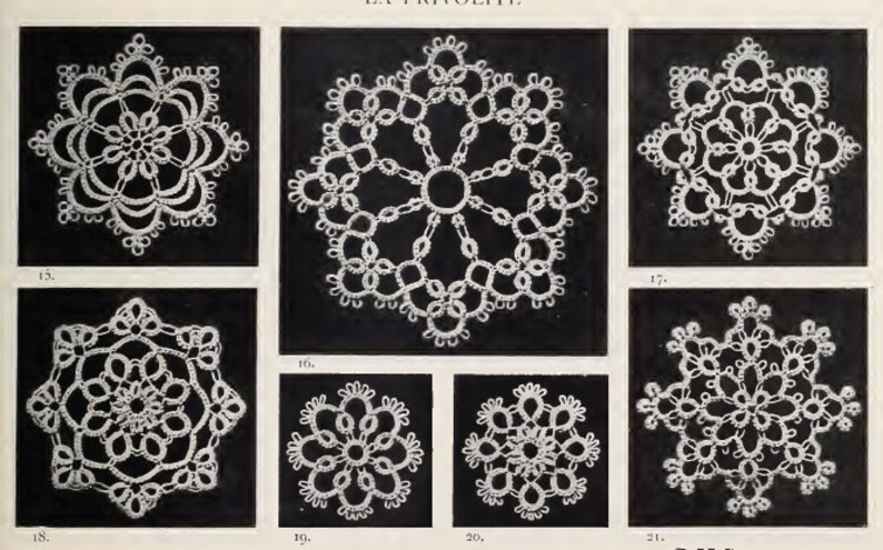 May include: A collection of eight white lace snowflake designs on a black background. The designs are numbered 15, 16, 17, 18, 19, 20, and 21.
