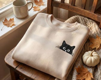 Minimalistyczna bluza z haftowanym czarnym kotem, uroczy, podglądający kot, zapinana na zamek błyskawiczny, przytulny sweter dla miłośników kotów, prezent na jesień i zimę