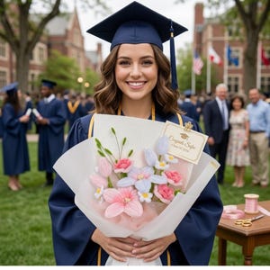 May include: A graduate in a navy blue cap and gown smiles, holding a bouquet of pink and blue felt flowers. A card reads "Congrats Sofia Class of 2020." Other graduates and family members are in the background.