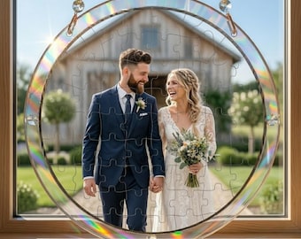 Atrapasueños de rompecabezas de boda personalizado, foto de pareja personalizada, adorno de rompecabezas acrílico, regalo de aniversario para esposa/esposo, recuerdo de boda