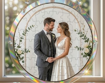 Atrapasueños de rompecabezas de boda personalizado, foto de pareja personalizada, adorno de rompecabezas acrílico, regalo de aniversario para esposa/esposo, recuerdo de boda