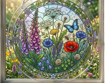 Atrapasueños de vidrieras con flores silvestres, adorno floral de mariposas para ventana, decoración acrílica para atrapasueños, regalo de jardín estilo cottagecore, arte mural botánico