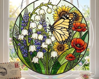 Atrapasueños de mariposa en vidriera, adorno floral para ventana, decoración acrílica para atrapasueños, adorno de mariposa con flores silvestres, regalo de estilo cottagecore