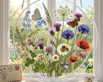 Atrapasueños de flores silvestres, adorno floral acrílico para ventana, decoración botánica, adorno floral estilo cottagecore, regalo para amantes de la naturaleza