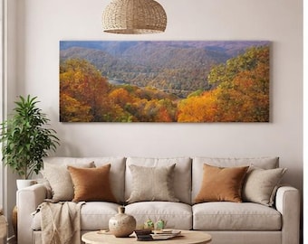 Panoramic Autumn Mountain Wall Art, Fall Forest Landscape Printable, Colorful Nature Wall Decor, Horizontal Digital Download