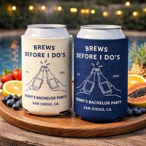 Brews Before I Dos Can Cooler, Custom Bachelor Party Favors, Groomsmen Gift, Guys Trip Drink Sleeve, Personalized Beer Holder