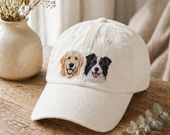 Custom Dog Portrait Hat, Embroidered Pet Face Cap, Two Dogs Dad Hat, Personalized Dog Mom Gift, Golden Retriever Border Collie Lover Cap