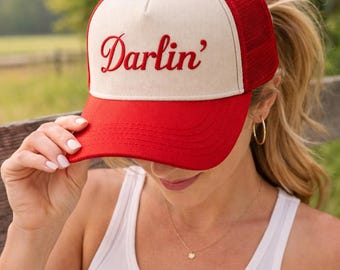 Darlin Trucker Hat, Retro Western Snapback, Embroidered Cap, Southern Girl Gift, Nashville Bachelorette Party Hat, Cute Cowgirl Cap