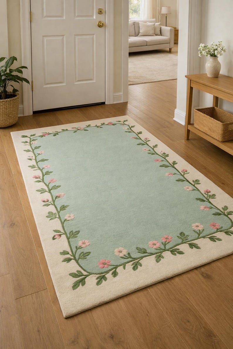 Wool Rug Bordered Design Handmade Wool Floral Border Rug, Sage Green Cottagecore Style - Etsy