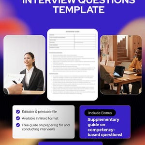 Peut inclure: Image promotionnelle avec le texte "INTERVIEW QUESTIONS TEMPLATE" en lettres blanches sur un fond dégradé bleu et violet. L'image comprend une femme en blazer, un document et un groupe de personnes à une table. Le texte supplémentaire comprend "Editable & printable file" et "HR for Busy People #HRBP."