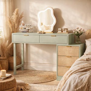 May include: A sage green vanity table with two drawers and a three-drawer cabinet. The table features a wavy-edged mirror with a built-in light. The drawers have gold-colored handles. A round jute rug sits on the floor.