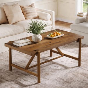 Wood Coffee Table 47 Inch, Rectangular Modern Farmhouse Center Table
