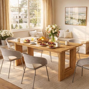 May include: A light-toned wooden dining table set for a meal, surrounded by six gray chairs with metal legs. The table is laden with plates of fruit, mugs, and a basket of bananas. A vase of flowers sits in the center, and a painting hangs on the wall.