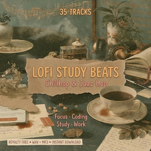 Puede incluir: Gráfico de descarga digital con el texto "LOFI STUDY BEATS" y "Chillhop & Jazz Hop". La imagen incluye una taza de té, auriculares y un libro abierto. También está presente el texto "Focus, Coding, Study, Work".