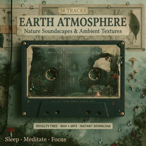 Puede incluir: Una cinta de cassette turquesa con el texto "EARTH ATMOSPHERE" y "Nature Soundscapes & Ambient Textures". La cinta presenta una escena de la naturaleza y las palabras "Sleep, Meditate, Focus". La imagen incluye el texto "38 TRACKS" y "ROYALTY FREE • WAV + MP3 • INSTANT DOWNLOAD."