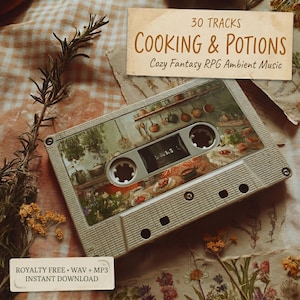 May include: A cassette tape with a kitchen scene design, featuring the text "COOKING & POTIONS" and "Cozy Fantasy RPG Ambient Music." The tape is on a patterned surface with sprigs of rosemary and small yellow flowers.