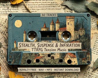 40曲収録のステルスサスペンスファンタジー音楽 | ロイヤリティフリーの潜入緊張強盗 | DnD TTRPG ローグ | WAV MP3 アンビエント