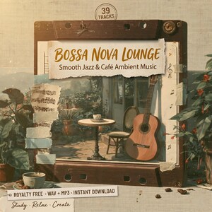May include: A digital album cover featuring a retro cassette tape design. The cover art includes the text "Bossa Nova Lounge" and "Smooth Jazz & Café Ambient Music." A classical guitar, a small table with a cup, and sheet music are also visible.