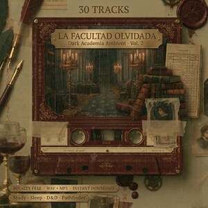 Puede incluir: Una cinta de cassette de estilo vintage con el título "LA FACULTAD OLVIDADA" y "Dark Academia Ambient - Vol. 2." La imagen presenta una ilustración oscura y atmosférica de un salón iluminado con velas. El texto incluye "30 TRACKS", "ROYALTY FREE" y "Study Sleep D&D Pathfinder."