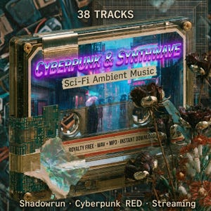 Puede incluir: Una cinta de cassette con el texto "Cyberpunk & Synthwave" y "Sci-Fi Ambient Music". La cinta tiene un diseño futurista con un brillo púrpura neón. La imagen también incluye el texto "38 Tracks" y "Royalty Free".