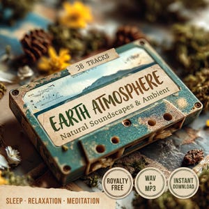 Puede incluir: Una cinta de cassette de estilo vintage, en tonos verde azulado y marrón, con el texto "EARTH ATMOSPHERE" y "Natural Soundscapes & Ambient". La etiqueta indica "38 TRACKS". La parte inferior de la imagen muestra "SLEEP RELAXATION MEDITATION".