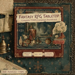 May include: A square, vintage-style graphic with the text "FANTASY RPG TABLETOP" and "Complete TTRPG Campaign Soundtrack." The image features a knight, a shield, and other fantasy elements. The background is a textured blue with decorative elements.