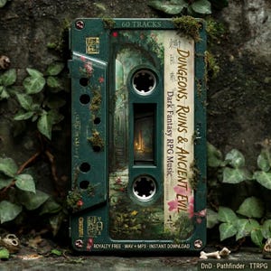 Puede incluir: Un casete verde oscuro con el texto "DUNGEONS, RUINS & ANCIENT EVIL" y "Dark Fantasy RPG Music." La cinta está adornada con musgo y detalles florales, y la imagen interior representa un pasillo misterioso. El texto "60 TRACKS" también es visible.