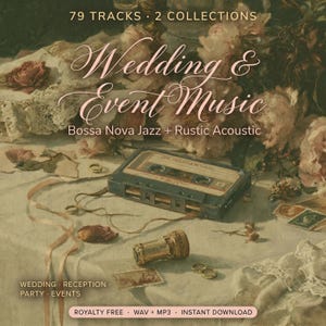Puede incluir: Imagen de estilo vintage con una cinta de cassette, un tapón de botella y anillos de boda sobre una mesa. El texto dice "Wedding & Event Music" con "Bossa Nova Jazz + Rustic Acoustic" debajo. El texto adicional incluye "79 Tracks • 2 Collections".