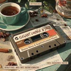 Puede incluir: Ilustración de un casete con la inscripción "Elegant Lounge & Jazz" y "Bossa Nova & Sophisticated Music". También hay una taza de café, granos de café y partituras. El texto "39 Tracks" es visible.