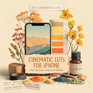 Pode incluir: Um iPhone exibindo uma paisagem montanhosa, cercado por flores, amostras de cores e uma garrafa pequena. O texto diz "35+ CINEMATIC LUTS" e "CINEMATIC LUTS FOR IPHONE". Texto adicional inclui "CAPCUT", "VIDEOLEAP", "VN", "INSTANT DOWNLOAD", "REELS", "TIKTOK" e "YOUTUBE SHORTS".