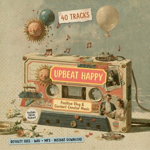 May include: A vintage-style illustration of a cassette tape with the words "Upbeat Happy" and "40 Tracks." The tape features a sun graphic and the text "Positive Vlog & Content Creator Music." Balloons and musical notes float around the tape.